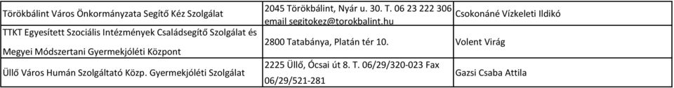 Gyermekjóléti Szolgálat 2045 Törökbálint, Nyár u. 30. T. 06 23 222 306 email segitokez@torokbalint.