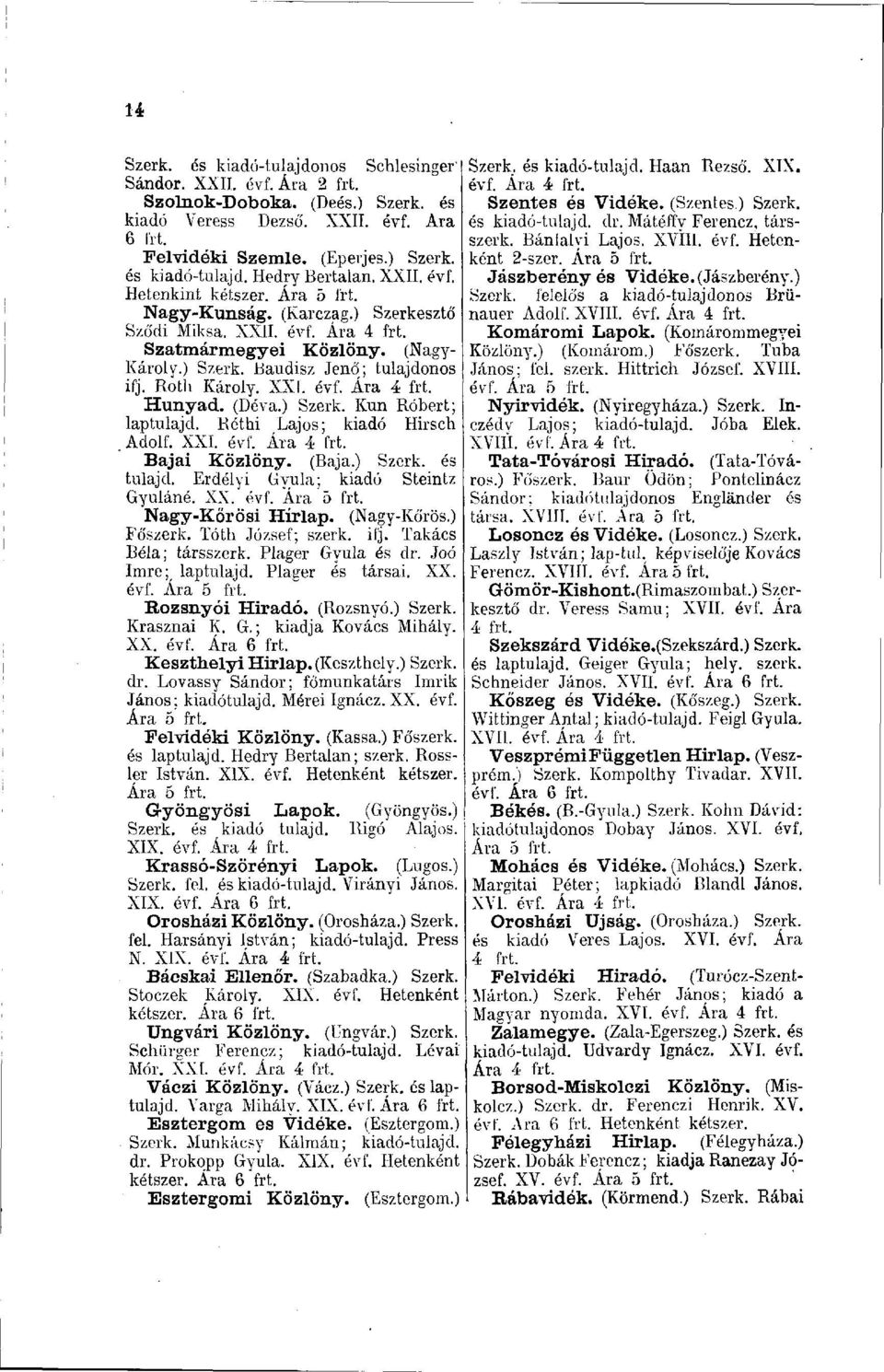 (Déva.) Szerk. Kun Róbert; laptulajd. Béthi Lajos; kiadó Hirsch Adolf. XXI. évf. Bajai Közlöny. (Baja.) Szerk. és tulaj cl. Erdélyi Gyula; kiadó Steintz Gyuláné. XX. évf. Nagy-Körösi Hírlap.