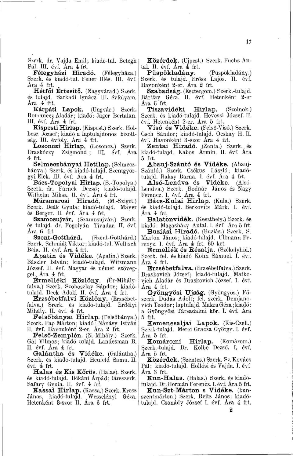 (Losoncz.) Szerk. Draskóczy Zsigmond ; III. évf. Ára Selmeezbányai Hetilap. (Selmeczbánya.) Szerk. és kiadó-tulajd. Szentgyörgyi Elek. III. évf. Bács-Topolyai Hirlap. (B.-Topolya.) Szerk. dr.