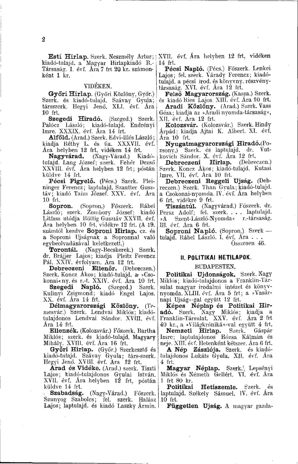 és fia. XXXVII. évf. Ára helyben 12 frt, vidéken 1 Nagyvárad. (Nagy-Várad.) Kiadótulajd. Lang József; szerk. Fehér Dezső XXVIII. évf. Ára helyben 12 frt; postán küldve 1 Pécsi Figyelő. (Pécs.) Szerk.