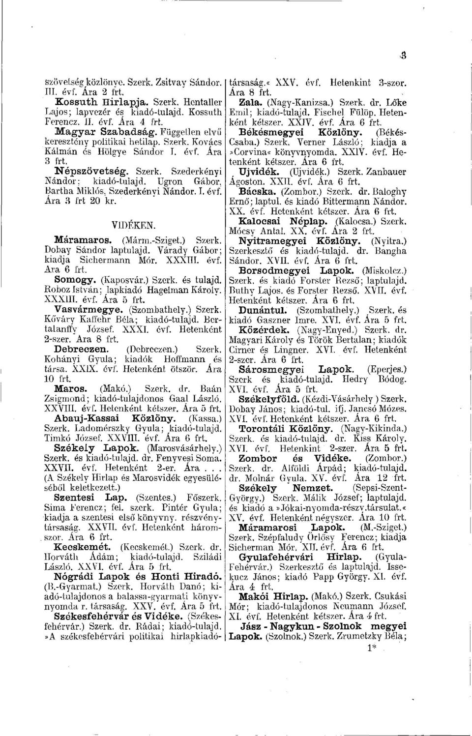 Ugron Gábor, Bartha Miklós, Szederkényi Nándor. I. évf. Ára a frt 20 kr. Máramaros. (Márm.-Sziget.) Szerk. Dobay Sándor laptulajd. Várady Gábor; kiadja Sichermann Mór. XXXIII. évf. Ara 6 frt. Somogy.