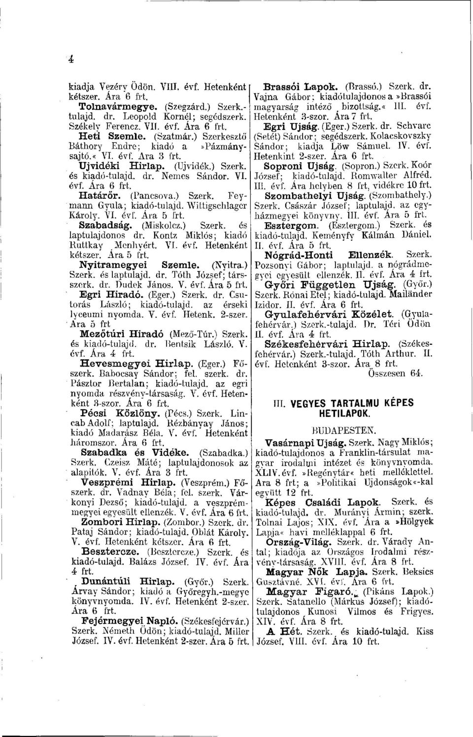 Wittigschlager Károly. VI. évf. Szabadság. (Miskolcz.) Szerk. és laptulajdonos dr. Kontz Miklós; kiadó Ruttkay r Mennyért. VI. évf. Hetenként kétszer. Nyitramegyei Szemle. (Nyitra.) Szerk. és laptulajd. dr. Tóth József; társszcrk.