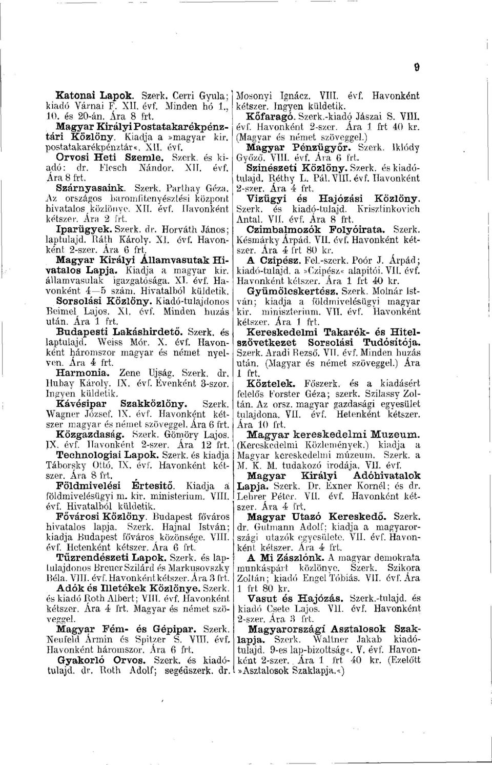 Iparügyek. Szerk. ár. Horváth János ; laptulajd. Ráth Károly. XI. évf. Havonként 2-szer. Ára 6 frt Magyar Királyi Államvasutak Hivatalos Lapja. Kiadja a magyar kir. államvasulak igazgatósága. XI. évf. Havonként 4 5 szám.