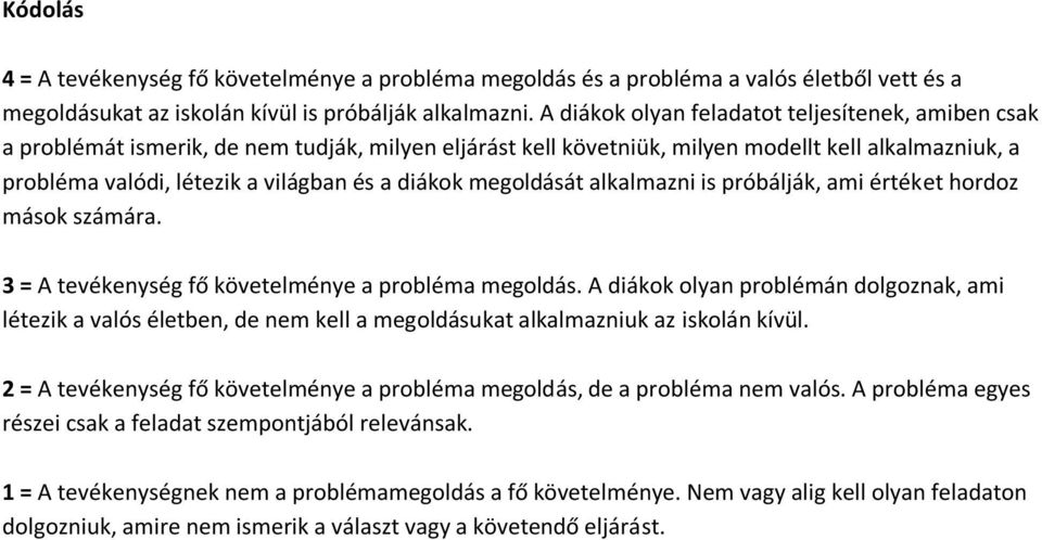 diákok megoldását alkalmazni is próbálják, ami értéket hordoz mások számára. 3 = A tevékenység fő követelménye a probléma megoldás.