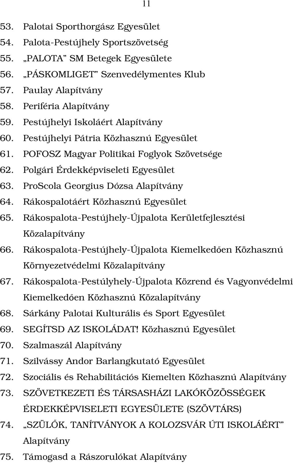 ProScola Georgius Dózsa Alapítvány 64. Rákospalotáért Közhasznú Egyesület 65. Rákospalota-Pestújhely-Újpalota Kerületfejlesztési Közalapítvány 66.
