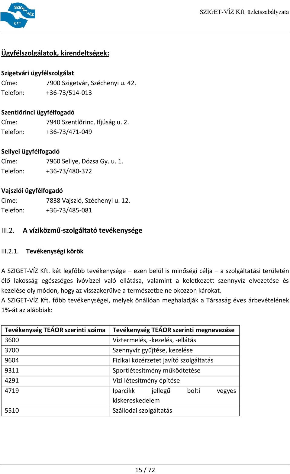 2.1. Tevékenységi körök A SZIGET-VÍZ Kft.
