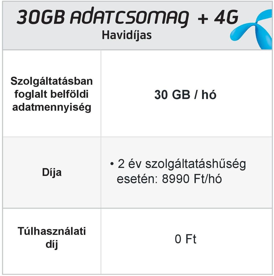 adatmennyiség 30 GB / hó Díja 2 év