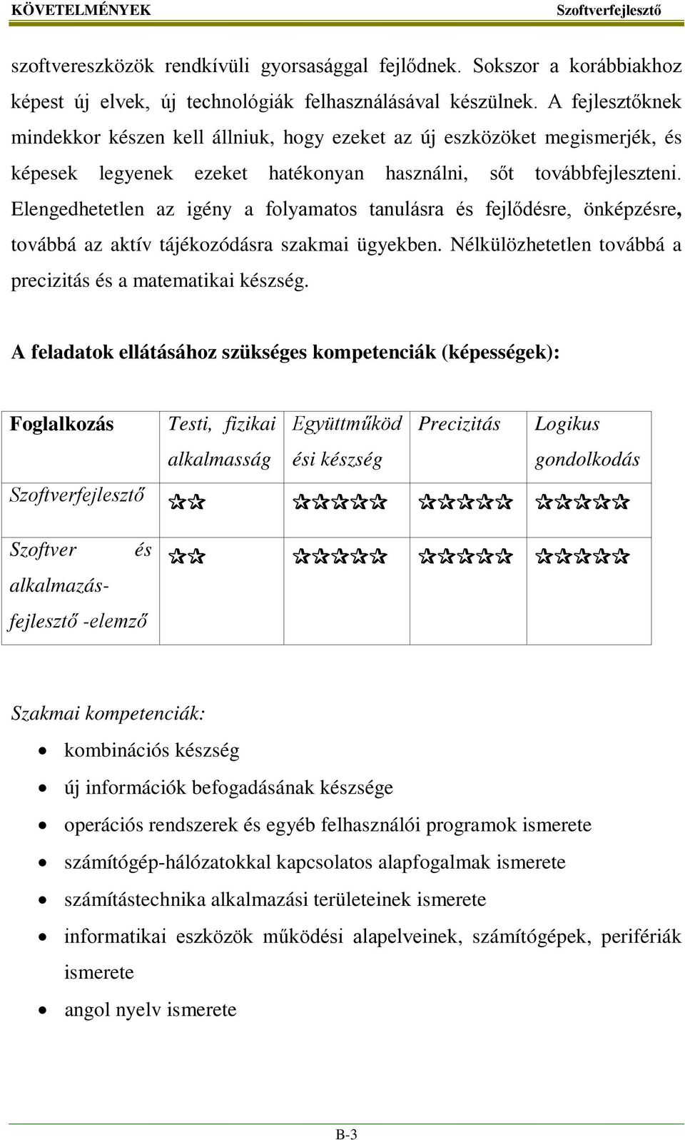 Elengedhetetlen az igény a folyamatos tanulásra és fejlődésre, önképzésre, továbbá az aktív tájékozódásra szakmai ügyekben. Nélkülözhetetlen továbbá a precizitás és a matematikai készség.