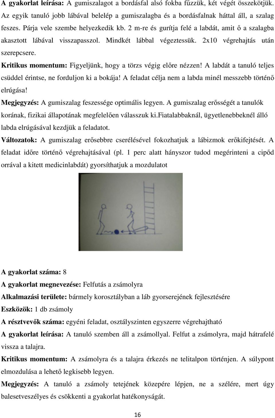 Kritikus momentum: Figyeljünk, hogy a törzs végig előre nézzen! A labdát a tanuló teljes csüddel érintse, ne forduljon ki a bokája! A feladat célja nem a labda minél messzebb történő elrúgása!