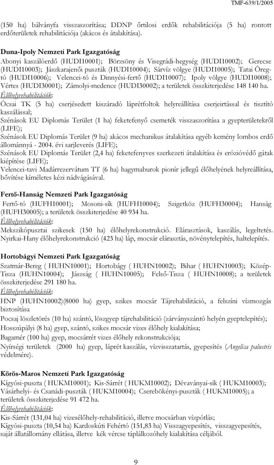 Öregtó (HUDI10006); Velencei-tó és Dinnyési-fertő (HUDI10007); Ipoly völgye (HUDI10008); Vértes (HUDI30001); Zámolyi-medence (HUDI30002); a területek összkiterjedése 148 140 ha.