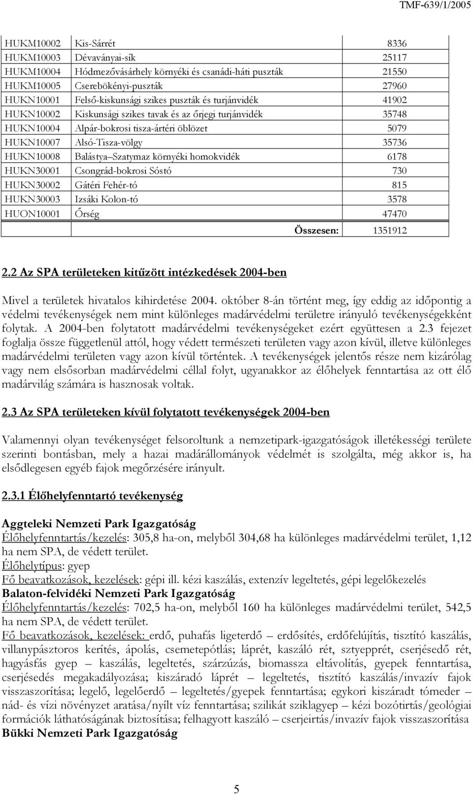 Szatymaz környéki homokvidék 6178 HUKN30001 Csongrád-bokrosi Sóstó 730 HUKN30002 Gátéri Fehér-tó 815 HUKN30003 Izsáki Kolon-tó 3578 HUON10001 Őrség 47470 Összesen: 1351912 2.