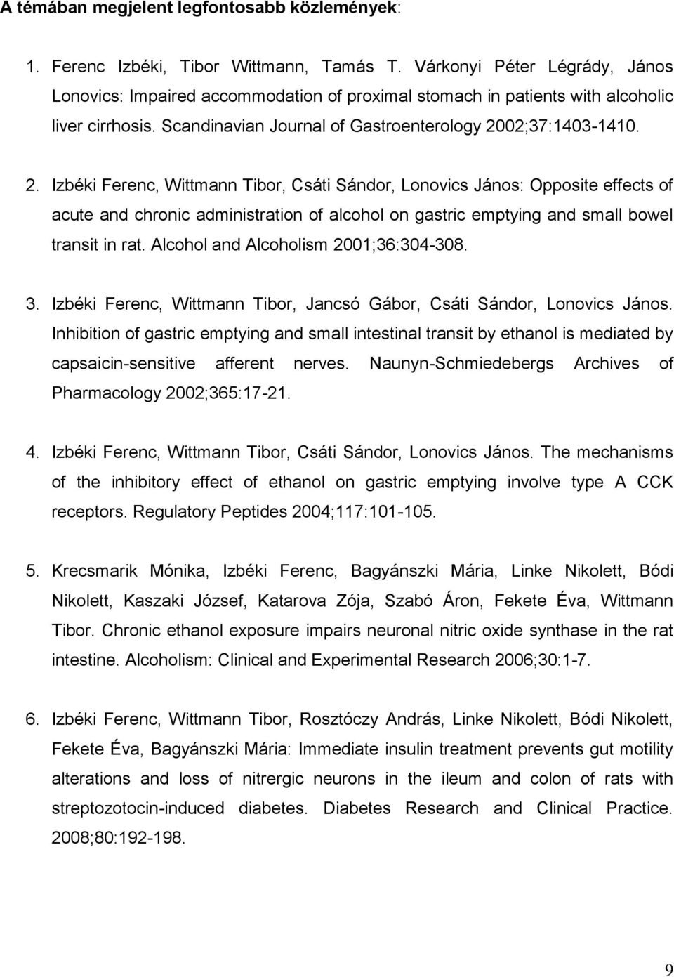 02;37:1403-1410. 2. Izbéki Ferenc, Wittmann Tibor, Csáti Sándor, Lonovics János: Opposite effects of acute and chronic administration of alcohol on gastric emptying and small bowel transit in rat.