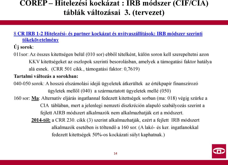 kell szerepeltetni azon KKV kitettségeket az oszlopok szerinti besorolásban, amelyek a támogatási faktor hatálya alá esnek. (CRR 501 cikk.