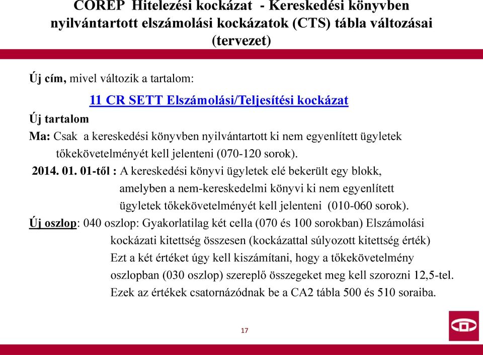 01-től : A kereskedési könyvi ügyletek elé bekerült egy blokk, amelyben a nem-kereskedelmi könyvi ki nem egyenlített ügyletek tőkekövetelményét kell jelenteni (010-060 sorok).