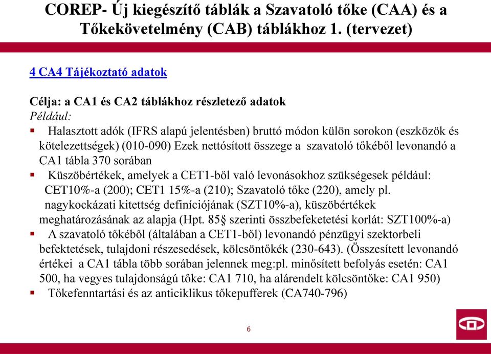 (010-090) Ezek nettósított összege a szavatoló tőkéből levonandó a CA1 tábla 370 sorában Küszöbértékek, amelyek a CET1-ből való levonásokhoz szükségesek például: CET10%-a (200); CET1 15%-a (210);