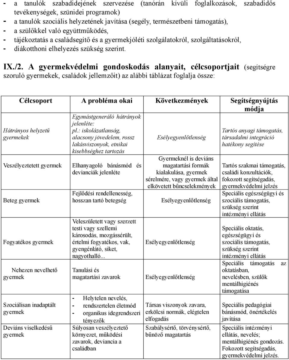 A védelmi gondoskodás alanyait, célcsoportjait (segítségre szoruló ek, családok jellemzőit) az alábbi táblázat foglalja össze: Célcsoport A probléma okai Következmények Segítségnyújtás módja