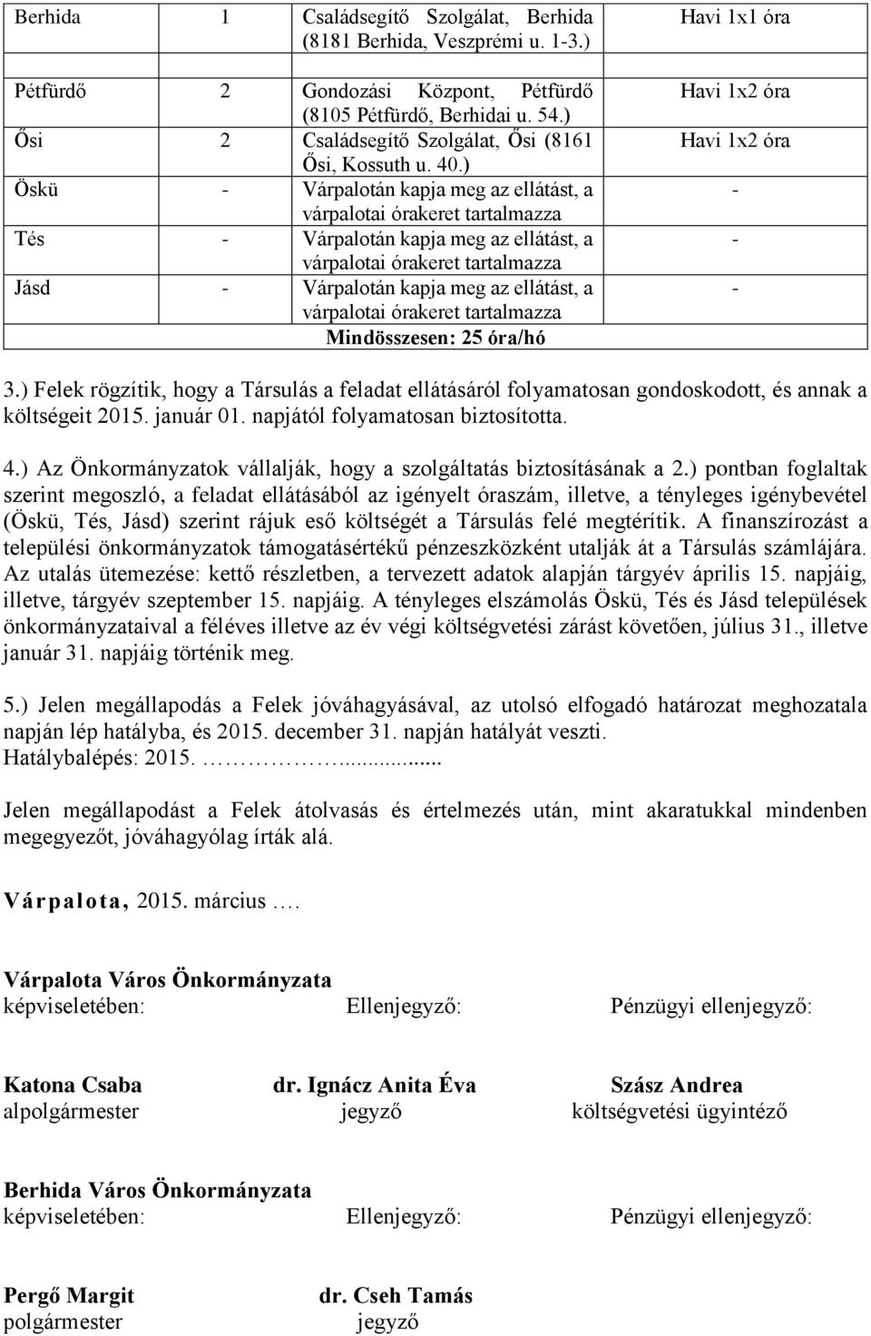 ) Öskü Várpalotán kapja meg az ellátást, a Tés Várpalotán kapja meg az ellátást, a Jásd Várpalotán kapja meg az ellátást, a Mindösszesen: 25 óra/hó Havi 1x1 óra Havi 1x2 óra Havi 1x2 óra 3.