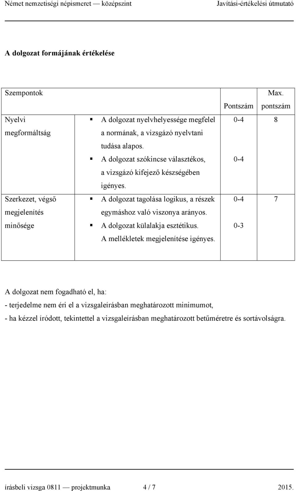 Szerkezet, végső A dolgozat tagolása logikus, a részek 7 megjelenítés egymáshoz való viszonya arányos. minősége A dolgozat külalakja esztétikus.