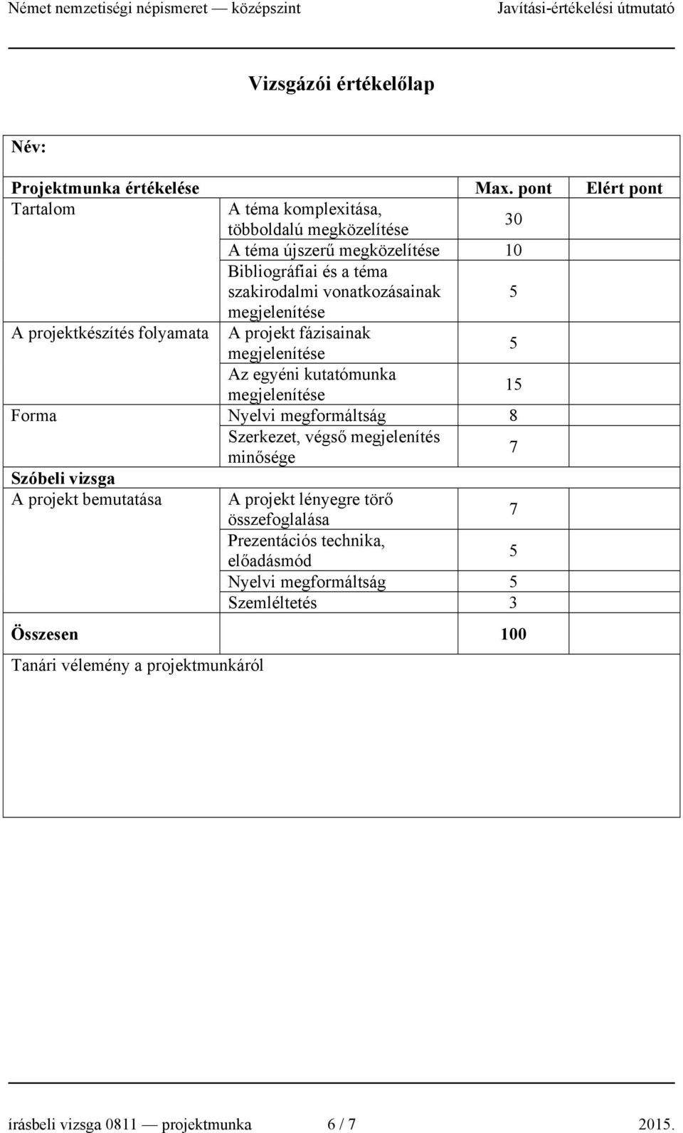Forma Nyelvi megformáltság 8 Szerkezet, végső megjelenítés minősége 7 Szóbeli vizsga A projekt bemutatása A projekt lényegre törő összefoglalása 7