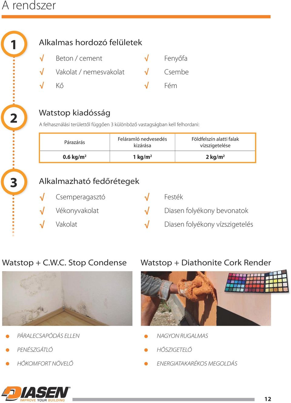 6 kg/m kg/m kg/m Alkalmazható fedőrétegek Csemperagasztó Festék Vékonyvakolat Diasen folyékony bevonatok Vakolat Diasen folyékony vízszigetelés