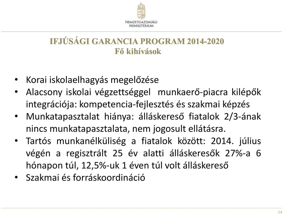 munkatapasztalata, nem jogosult ellátásra. Tartós munkanélküliség a fiatalok között: 2014.