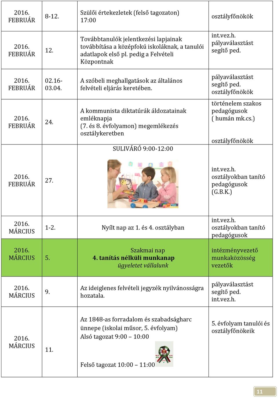 évfolyamon) megemlékezés osztálykeretben SULIVÁRÓ 9:00-12:00 történelem szakos pedagógusok ( humán mk.cs.) 27. osztályokban tanító pedagógusok (G.B.K.) 1-2. Nyílt nap az 1. és 4.