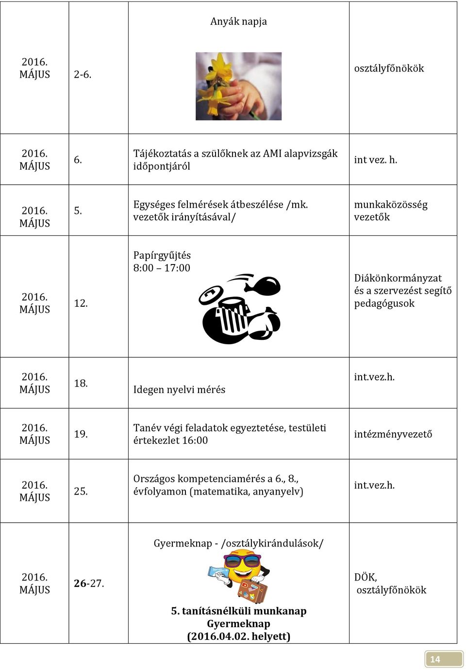 Idegen nyelvi mérés 19. Tanév végi feladatok egyeztetése, testületi értekezlet 16:00 intézményvezető 25. Országos kompetenciamérés a 6.
