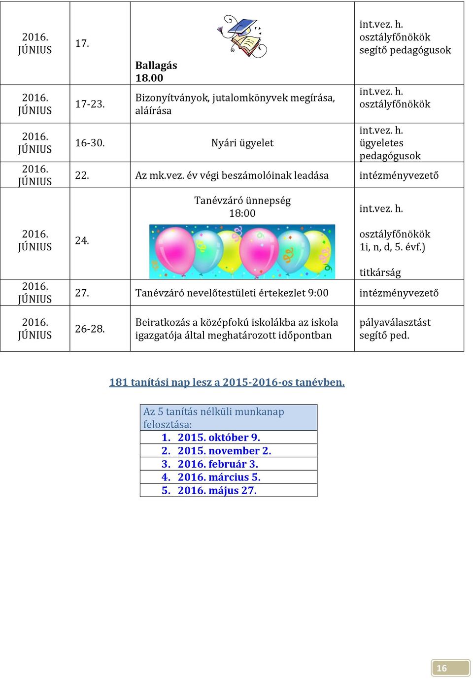 Tanévzáró nevelőtestületi értekezlet 9:00 intézményvezető 26-28.