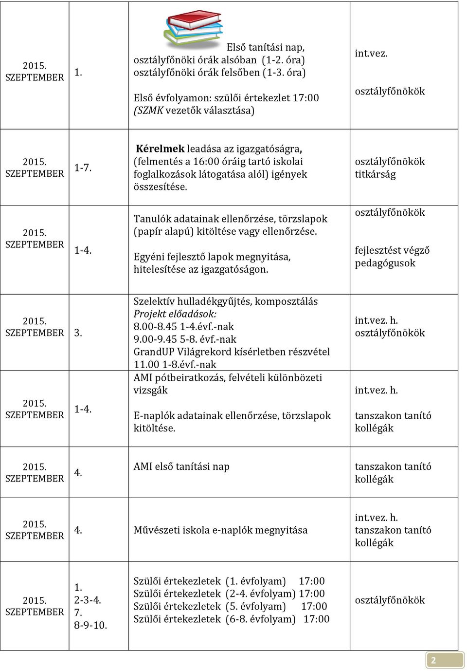 Tanulók adatainak ellenőrzése, törzslapok (papír alapú) kitöltése vagy ellenőrzése. Egyéni fejlesztő lapok megnyitása, hitelesítése az igazgatóságon. fejlesztést végző pedagógusok 3. 1-4.