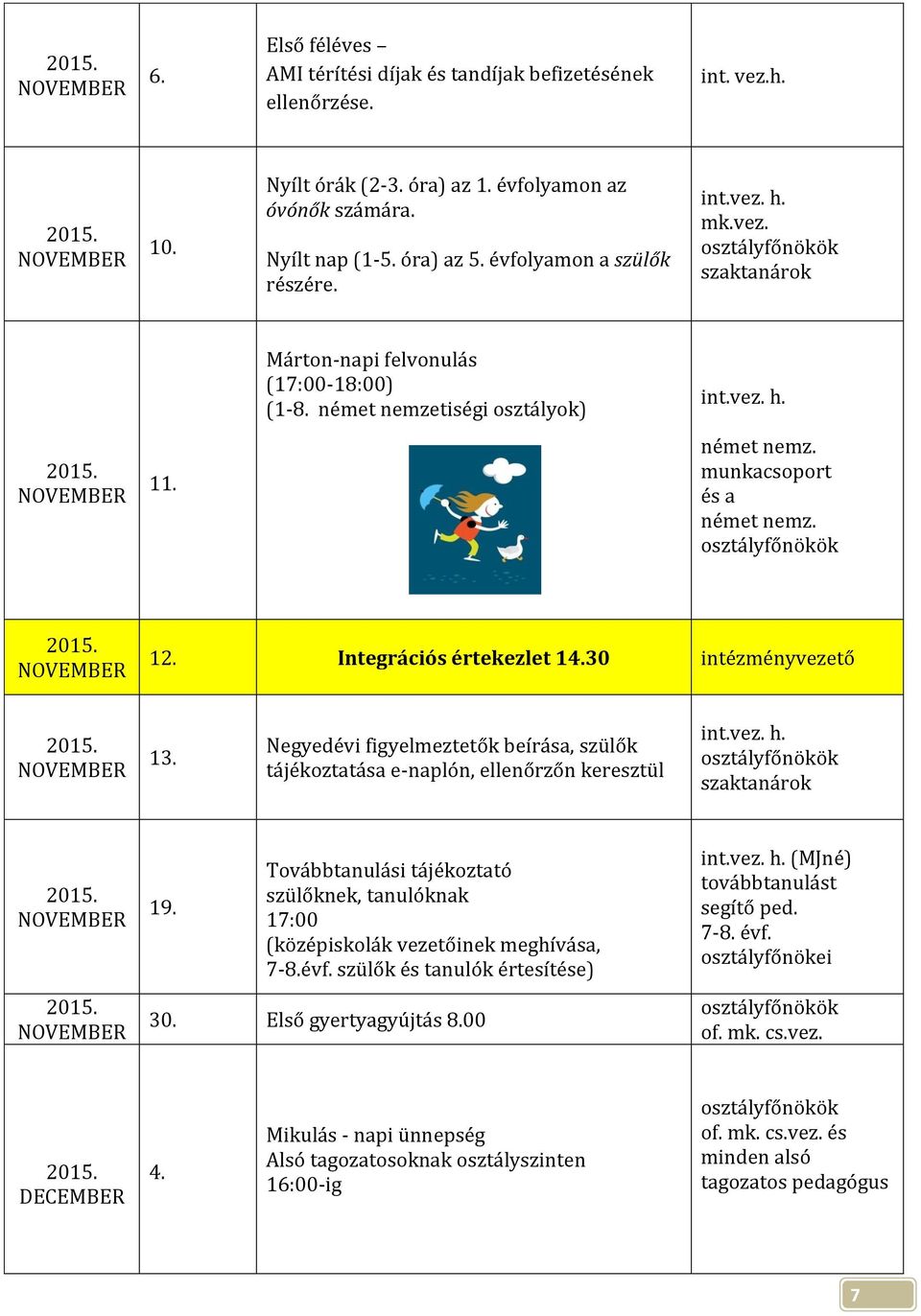 30 intézményvezető 13. Negyedévi figyelmeztetők beírása, szülők tájékoztatása e-naplón, ellenőrzőn keresztül szaktanárok 19.