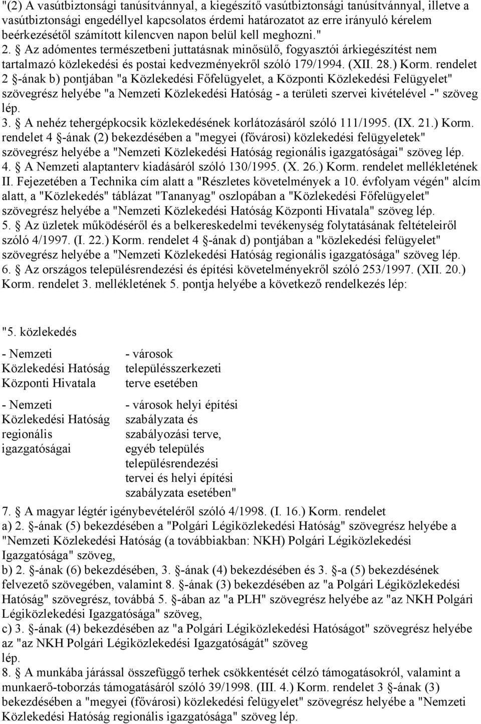28.) Korm. rendelet 2 -ának b) pontjában "a Közlekedési Főfelügyelet, a Központi Közlekedési Felügyelet" szövegrész helyébe "a Nemzeti Közlekedési Hatóság - a területi szervei kivételével -" szöveg 3.