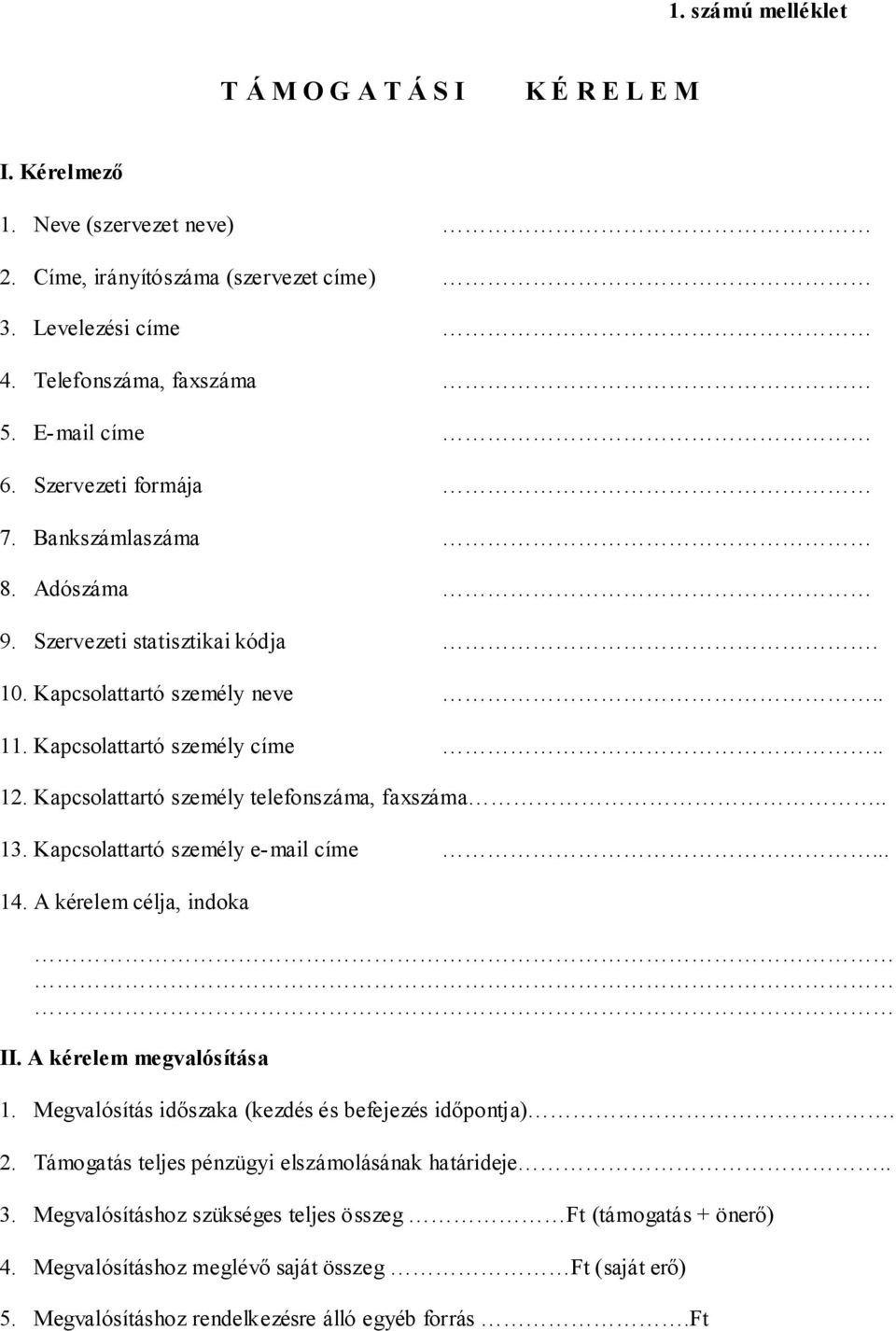 Kapcsolattartó személy telefonszáma, faxszáma.. 13. Kapcsolattartó személy e-mail címe... 14. A kérelem célja, indoka II. A kérelem megvalósítása 1.