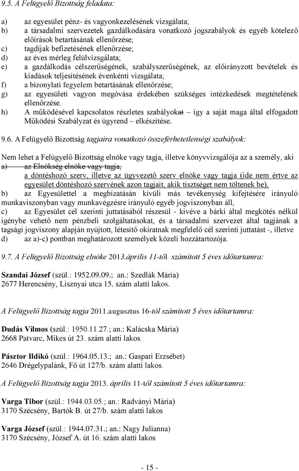 évenkénti vizsgálata; f) a bizonylati fegyelem betartásának ellenőrzése; g) az egyesületi vagyon megóvása érdekében szükséges intézkedések megtételének ellenőrzése.