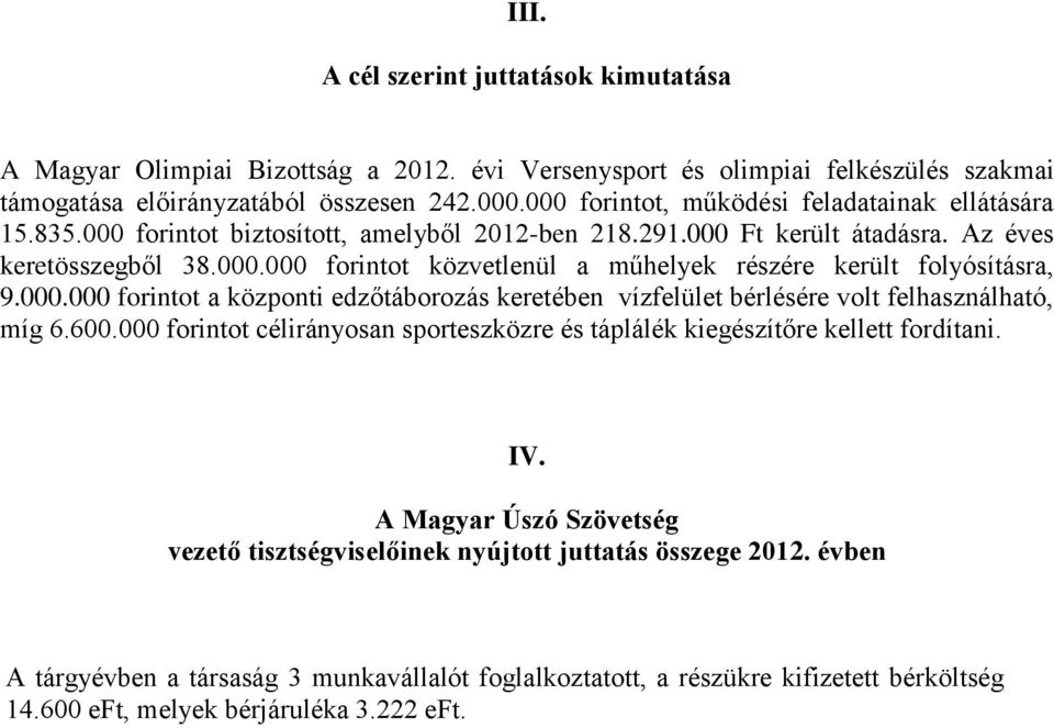 000.000 forintot a központi edzőtáborozás keretében vízfelület bérlésére volt felhasználható, míg 6.600.000 forintot célirányosan sporteszközre és táplálék kiegészítőre kellett fordítani. IV.