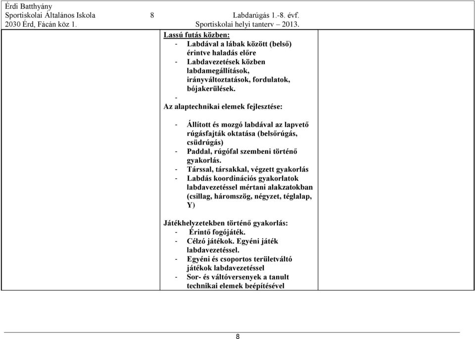 - Az alaptechnikai elemek fejlesztése: - Állított és mozgó labdával az lapvető rúgásfajták oktatása (belsőrúgás, csüdrúgás) - Paddal, rúgófal szembeni történő gyakorlás.