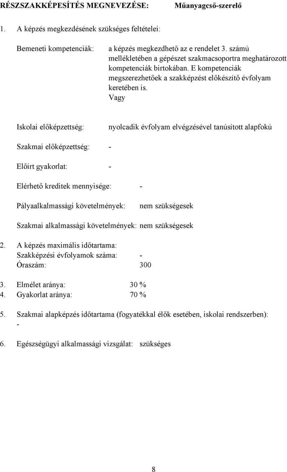 Vagy Iskolai előképzettség: Szakmai előképzettség: Előírt gyakorlat: nyolcadik évfolyam elvégzésével tanúsított alapfokú - - Elérhető kreditek mennyisége: - Pályaalkalmassági követelmények: nem