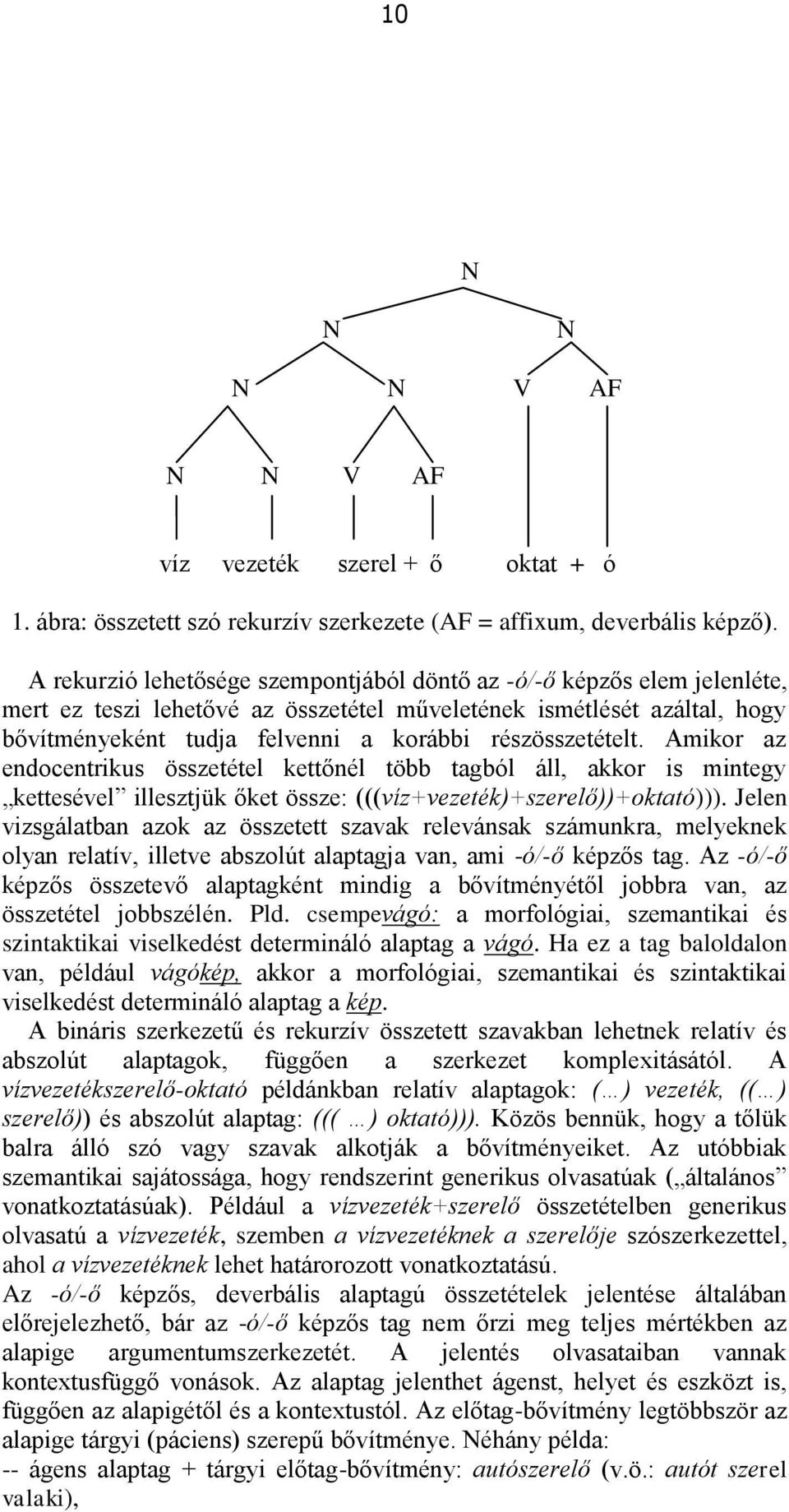 részösszetételt. Amikor az endocentrikus összetétel kettőnél több tagból áll, akkor is mintegy kettesével illesztjük őket össze: (((víz+vezeték)+szerelő))+oktató))).