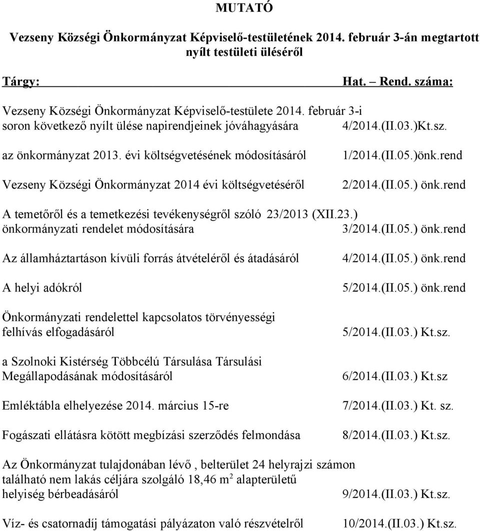 évi költségvetésének módosításáról Vezseny Községi Önkormányzat 2014 évi költségvetéséről 1/2014.(II.05.)önk.rend 2/2014.(II.05.) önk.