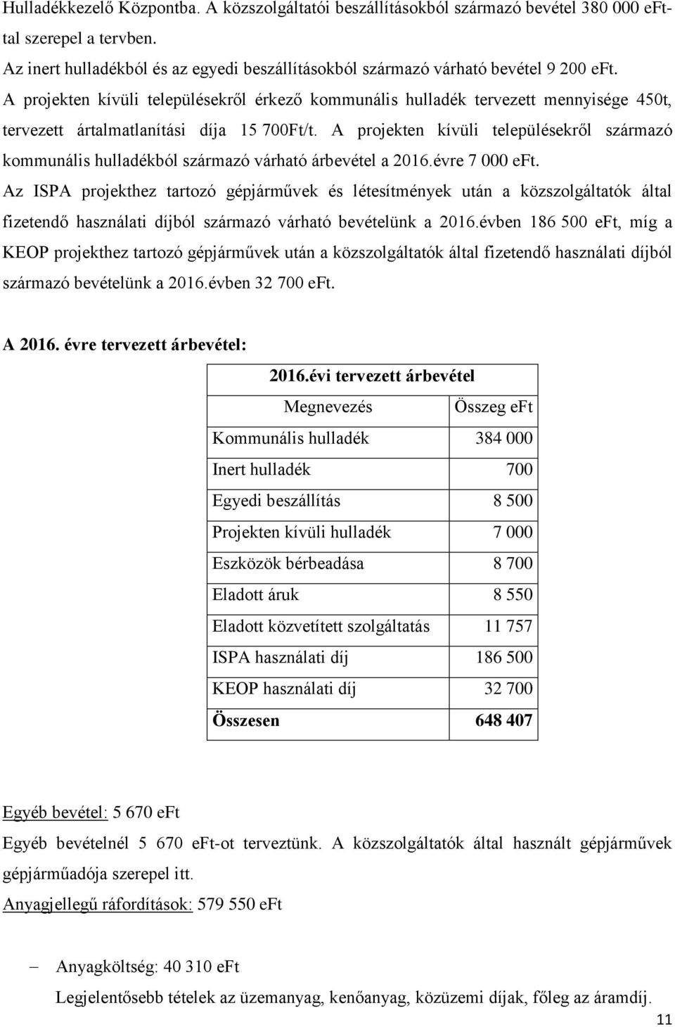 A projekten kívüli településekről származó kommunális hulladékból származó várható árbevétel a 2016.évre 7 000 eft.