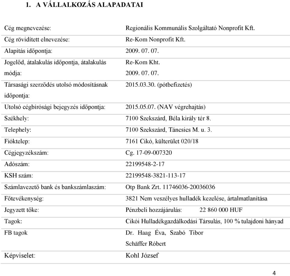 (pótbefizetés) időpontja: Utolsó cégbírósági bejegyzés időpontja: 2015.05.07. (NAV végrehajtás) Székhely: 7100 Szekszárd, Béla király tér 8. Telephely: 7100 Szekszárd, Táncsics M. u. 3.