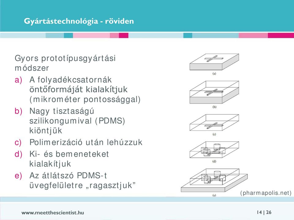 (PDMS) kiöntjük c) Polimerizáció után lehúzzuk d) Ki- és bemeneteket kialakítjuk e) Az