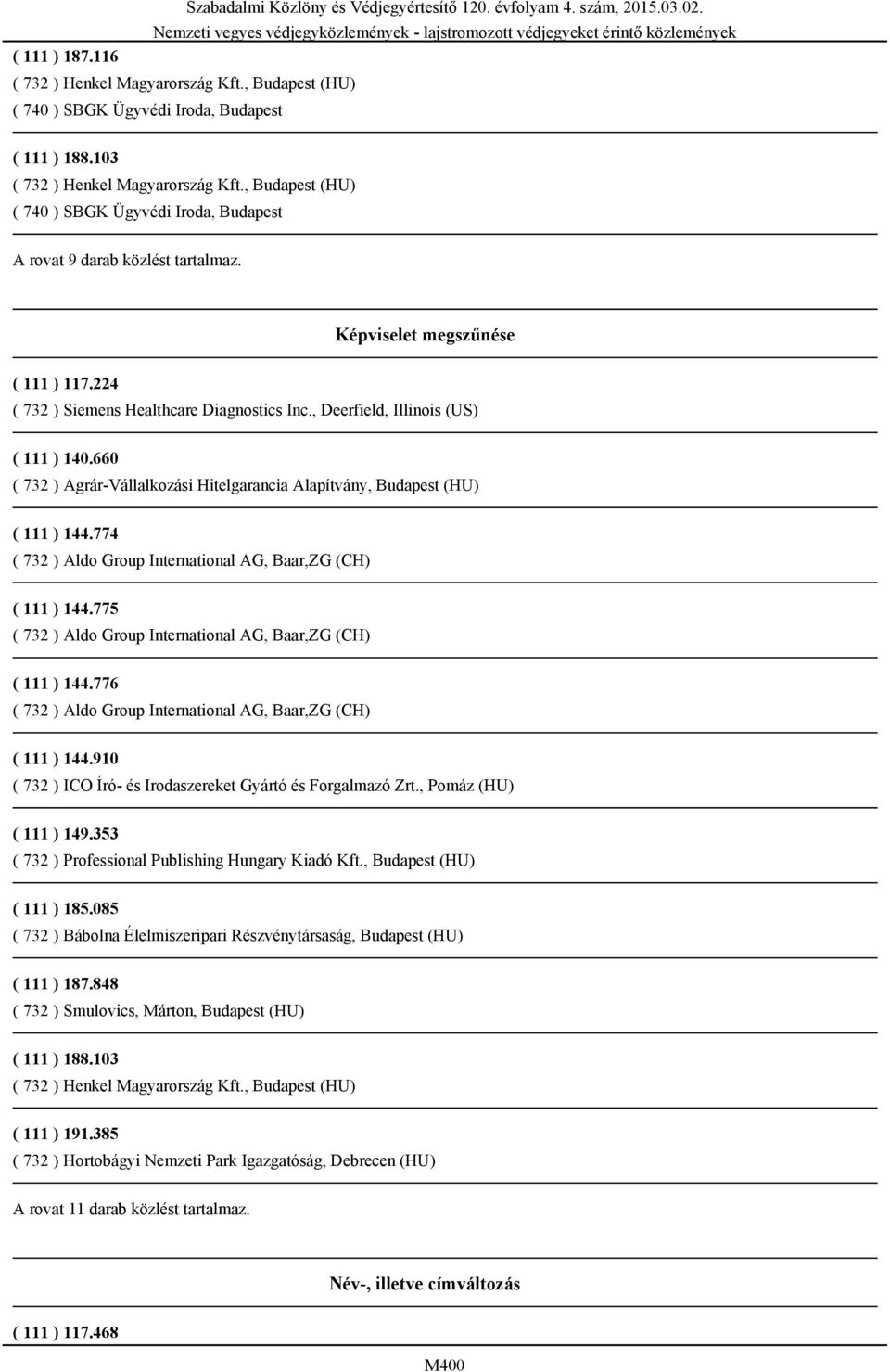 , Deerfield, Illinois (US) ( 111 ) 140.660 ( 732 ) Agrár-Vállalkozási Hitelgarancia Alapítvány, Budapest (HU) ( 111 ) 144.774 ( 111 ) 144.775 ( 111 ) 144.776 ( 111 ) 144.