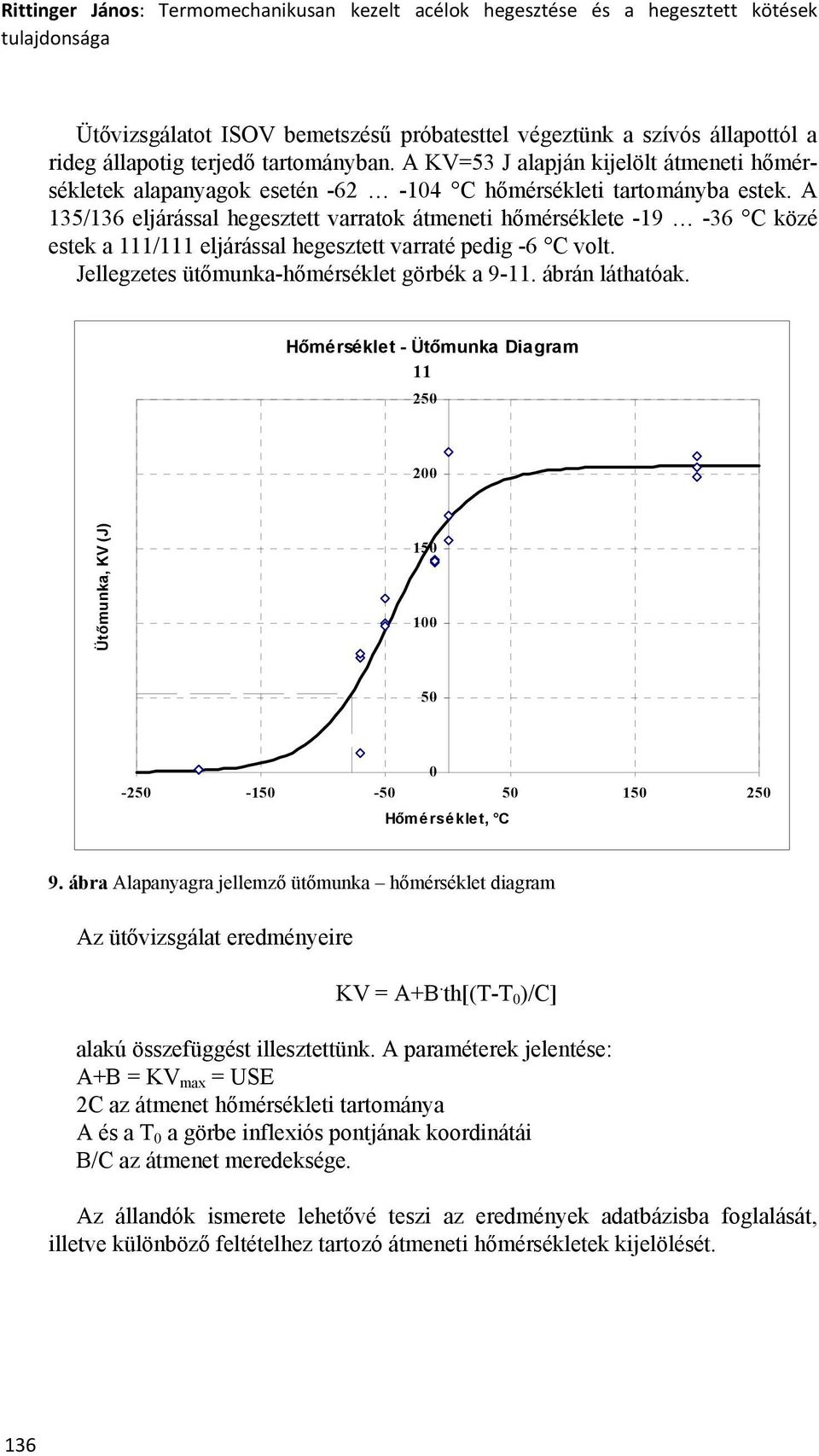 A 135/136 eljárással hegesztett varratok átmeneti hőmérséklete -19-36 C közé estek a 111/111 eljárással hegesztett varraté pedig -6 C volt. Jellegzetes ütőmunka-hőmérséklet görbék a 9-11.