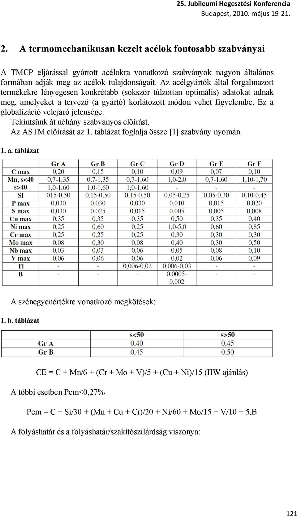Ez a globalizáció velejáró jelensége. Tekintsünk át néhány szabványos előírást. Az ASTM előírását az 1. táblázat foglalja össze [1] szabvány nyomán. 1. a. táblázat A szénegyenértékre vonatkozó megkötések: 1.