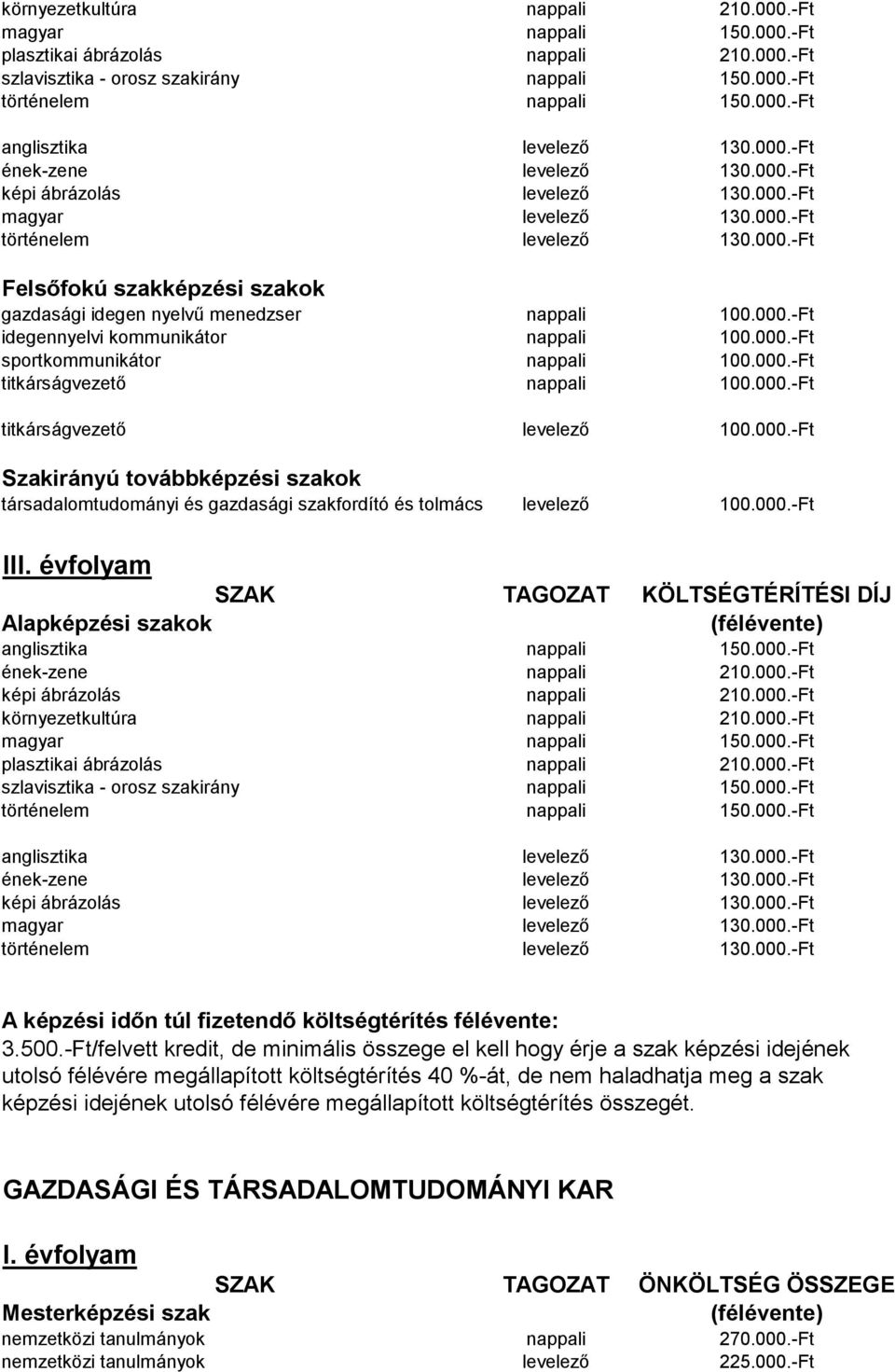 000.-Ft sportkommunikátor nappali 100.000.-Ft titkárságvezető nappali 100.000.-Ft titkárságvezető levelező 100.000.-Ft társadalomtudományi és gazdasági szakfordító és tolmács levelező 100.000.-Ft III.