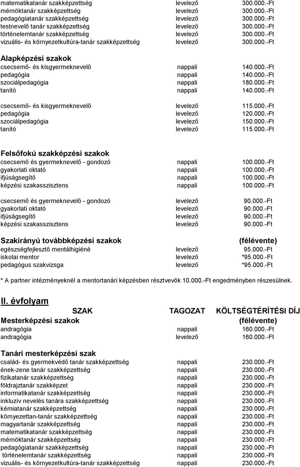 000.-Ft csecsemő- és kisgyermeknevelő levelező 115.000.-Ft pedagógia levelező 120.000.-Ft szociálpedagógia levelező 150.000.-Ft tanító levelező 115.000.-Ft csecsemő és gyermeknevelő - gondozó nappali 100.