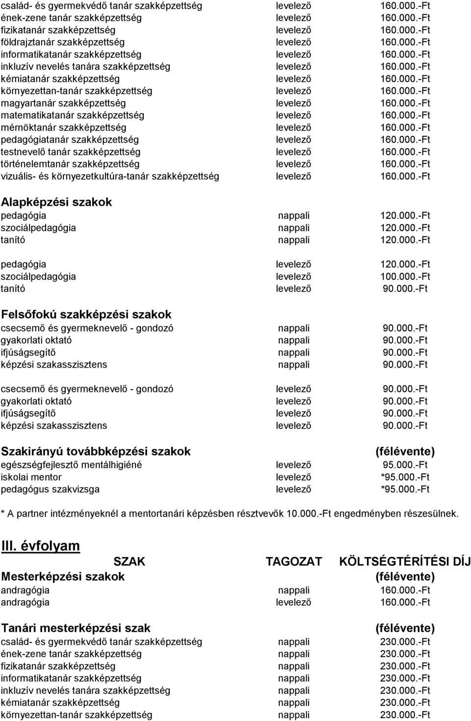 000.-Ft magyartanár szakképzettség levelező 160.000.-Ft matematikatanár szakképzettség levelező 160.000.-Ft mérnöktanár szakképzettség levelező 160.000.-Ft pedagógiatanár szakképzettség levelező 160.