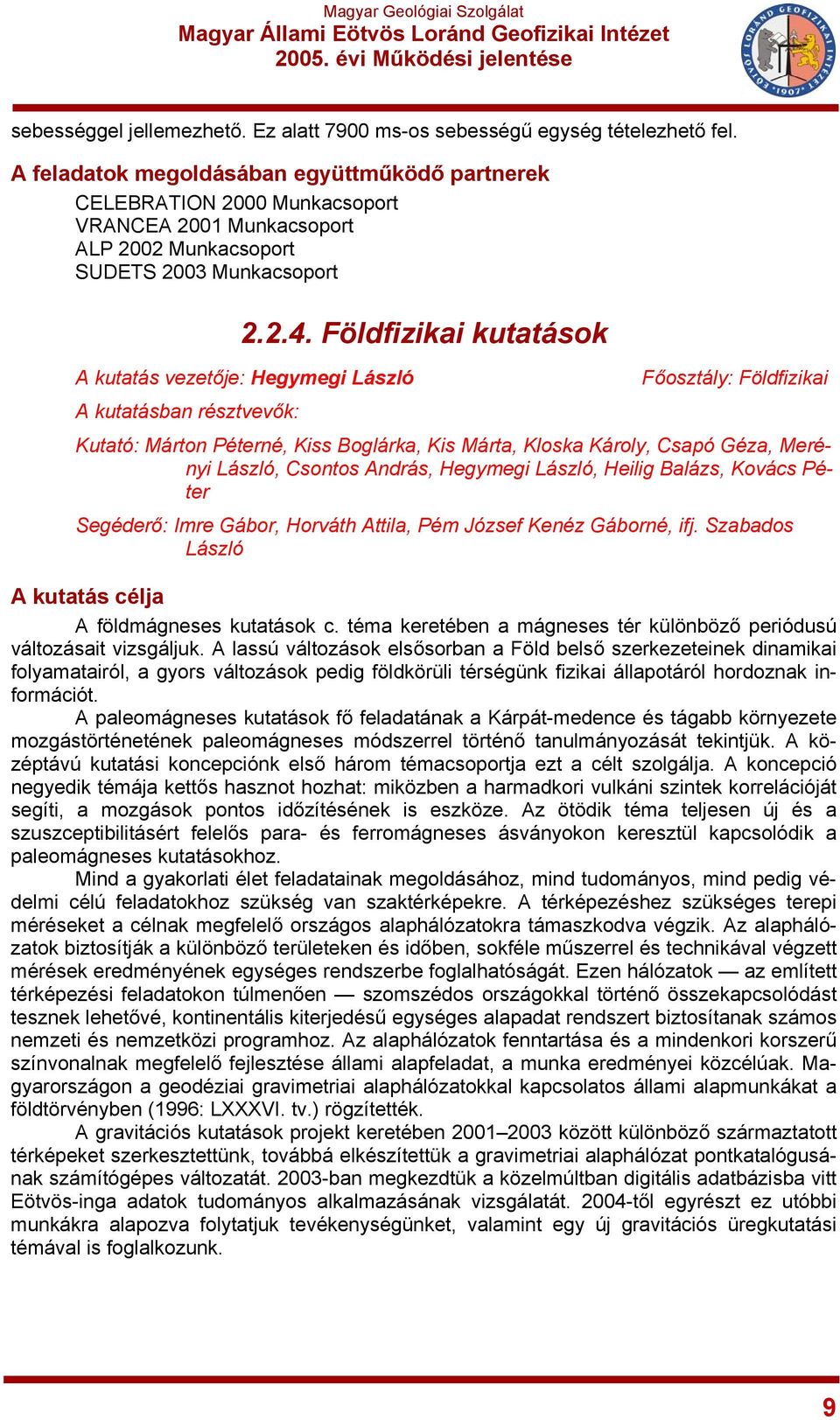 Földfizikai kutatások A kutatás vezetője: Hegymegi László A kutatásban résztvevők: Főosztály: Földfizikai Kutató: Márton Péterné, Kiss Boglárka, Kis Márta, Kloska Károly, Csapó Géza, Merényi László,
