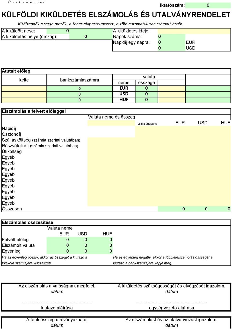 és összeg valuta árfolyama EUR USD HUF Napidíj Ösztöndíj Szállásköltség (számla szerinti valutában) Részvételi díj (számla szerinti valutában) Útiköltség Összesen Elszámolás összesítése Valuta neme