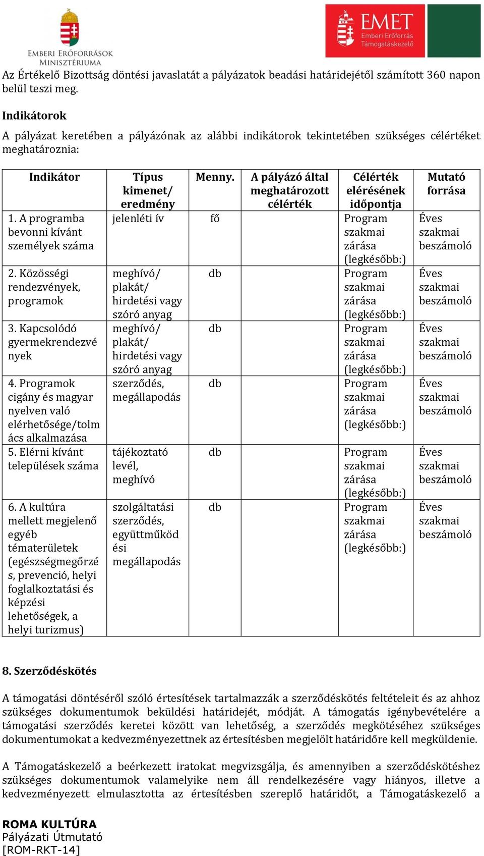 Közösségi rendezvények, programok 3. Kapcsolódó gyermekrendezvé nyek 4. Programok cigány és magyar nyelven való elérhetősége/tolm ács alkalmazása 5. Elérni kívánt települések száma 6.